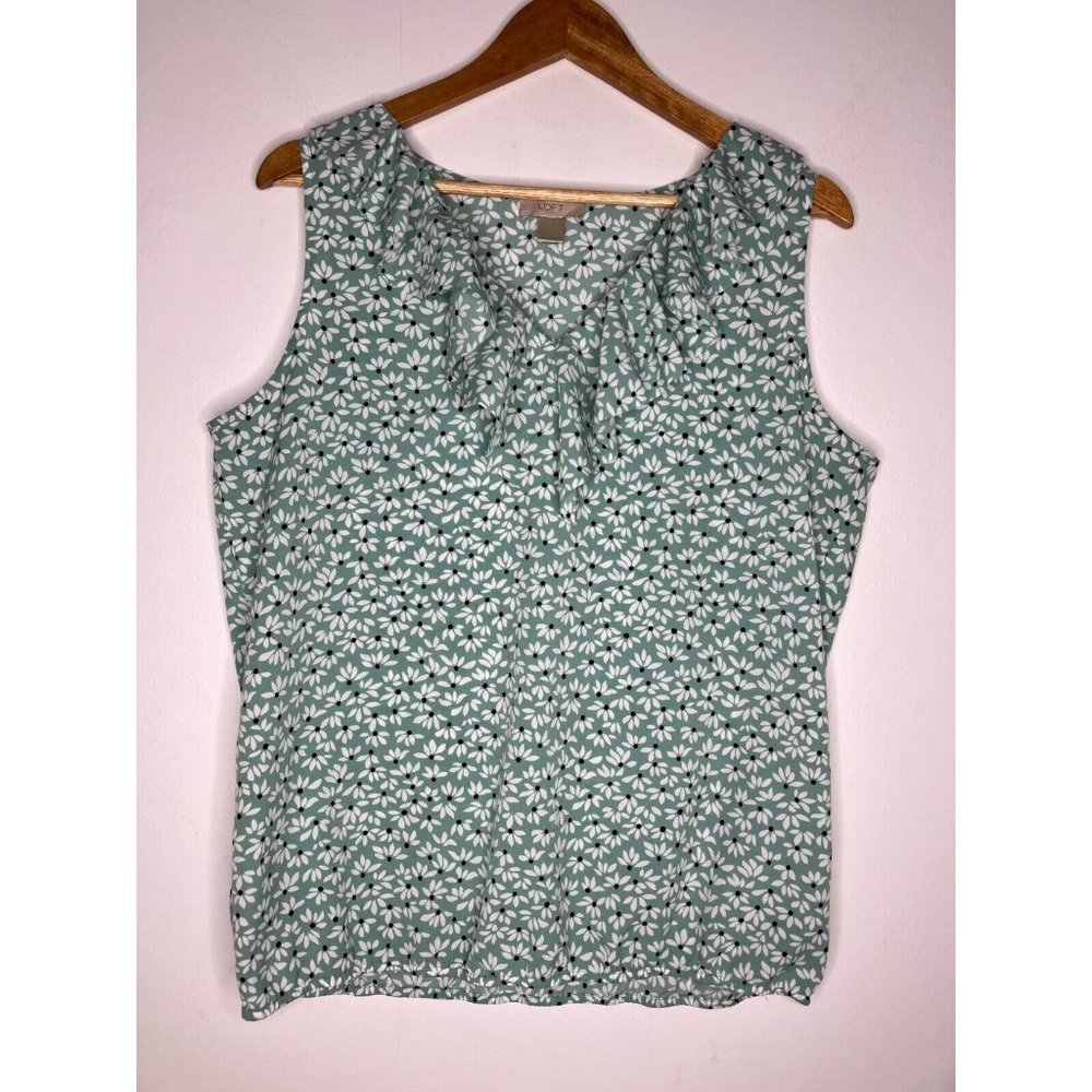 Loft Outlet Women's Large Mint Green Sleeveless Ruffle Neck Floral Blouse